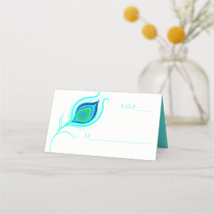 Modern Peacock Feather Wedding Folded Place Card
