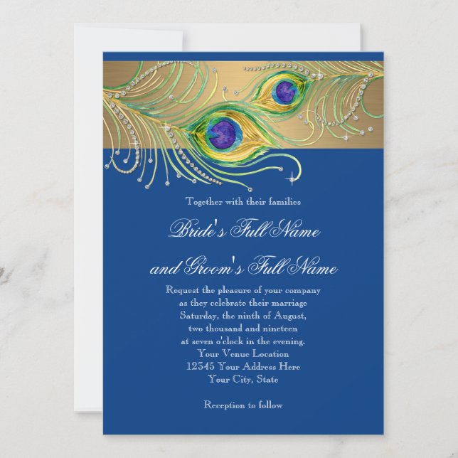 Modern Peacock Feathers Faux Jewel Scroll Swirl Invitation (Front)