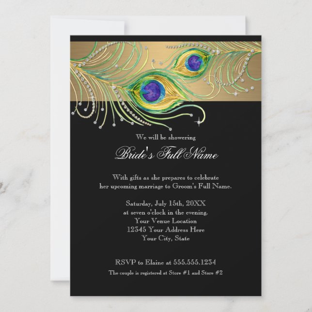 Modern Peacock Feathers Faux Jewel Scroll Swirl Invitation (Front)