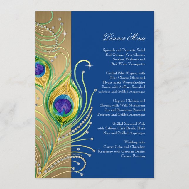Modern Peacock Feathers Faux Jewel Scroll Swirl Menu (Front)