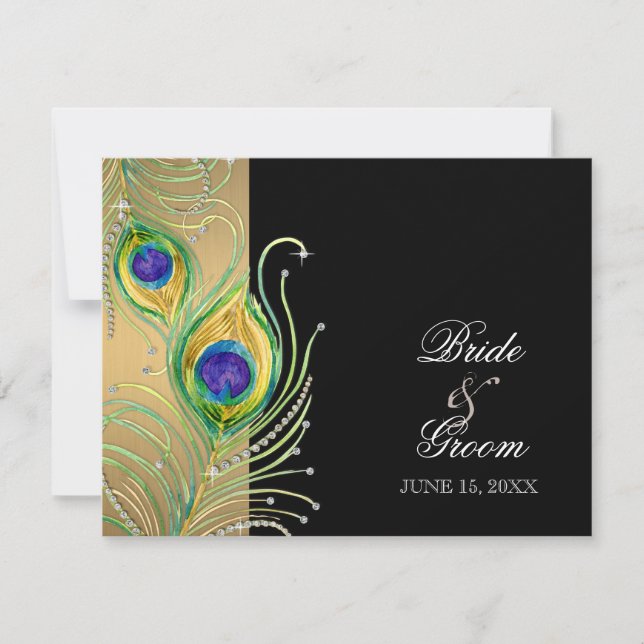 Modern Peacock Feathers Faux Jewel Scroll Swirl RSVP Card (Front)