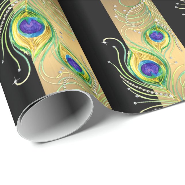 Modern Peacock Feathers Faux Jewel Striped Hearts Wrapping Paper (Roll Corner)