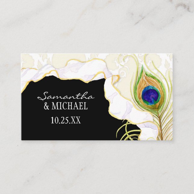 Modern Peacock Feathers Faux Ribbon Damask Swirl Place Card (Front)