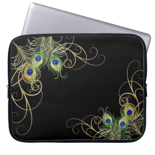 Modern Peacock Feathers Gold Swirl Name Laptop Sleeve