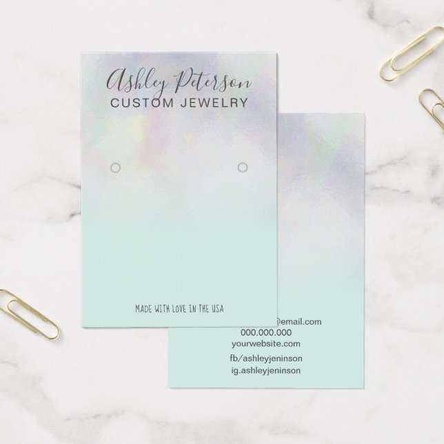 Modern pearl nacre ombre teal earring display (Office)