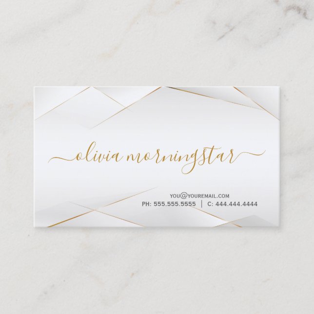 Modern Pearl White and Gold Geometric Business Card (Front)