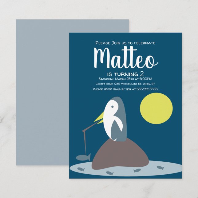 Modern Penguin Fishing Nautical Ocean Birthday Invitation (Front/Back)