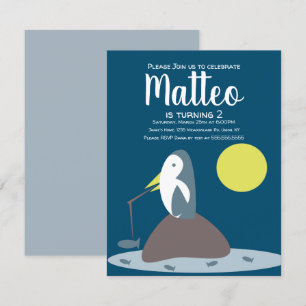 Modern Penguin Fishing Nautical Ocean Birthday Invitation