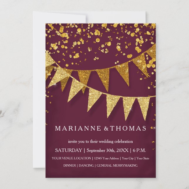 Modern Pennant Banner w Glitter Falling Confetti Invitation (Front)