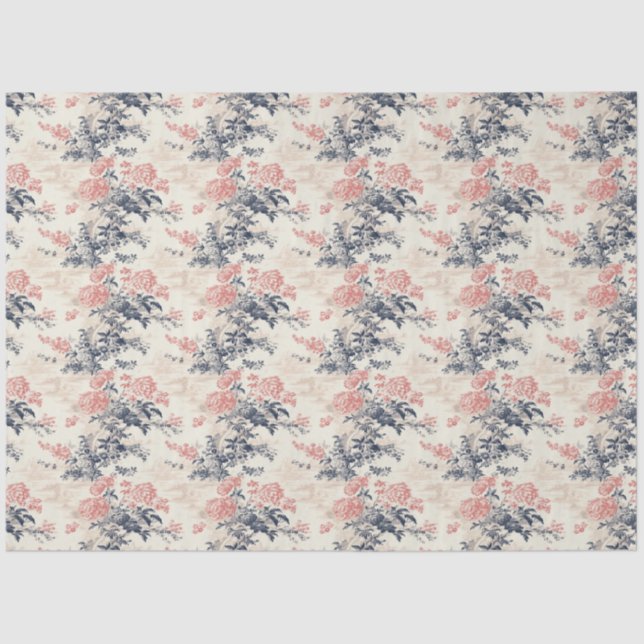 Modern Peoney Floral Blue Toile de Jouy Pattern Tissue Paper (Front)