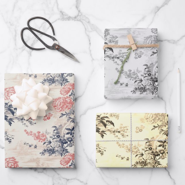 Modern Peoney Floral Blue Toile de Jouy Pattern Wrapping Paper Sheet (Front)