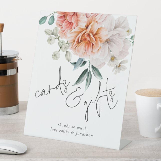 Modern Peonies Cards Gifts Script Wedding Pedestal Sign (In SItu)