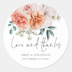 Modern Peonies Peach Coral Love Thanks Wedding Classic Round Sticker