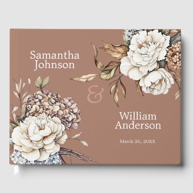 Modern Peony & Hydrangea Mocha Mousse Wedding Guest Book (Front)
