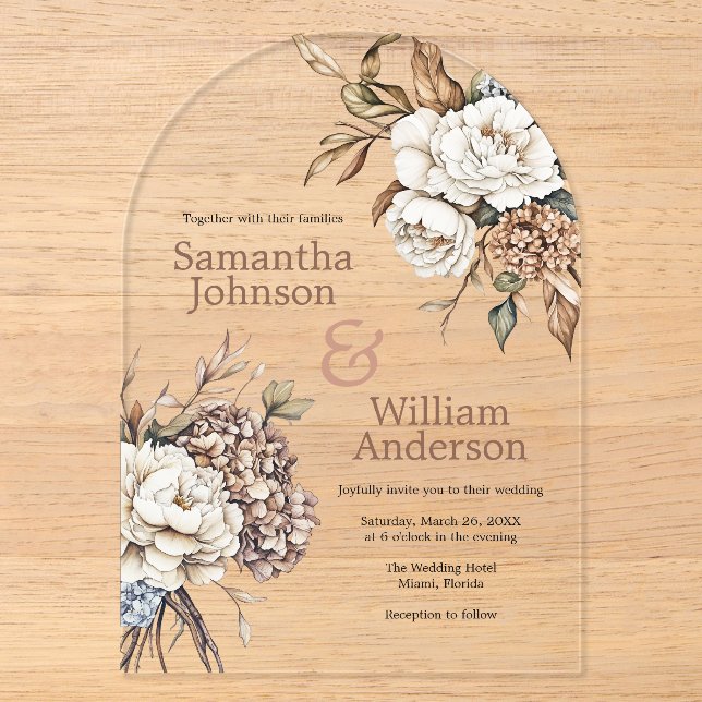 Modern Peony & Hydrangea Wedding Acrylic Invitations (Front)