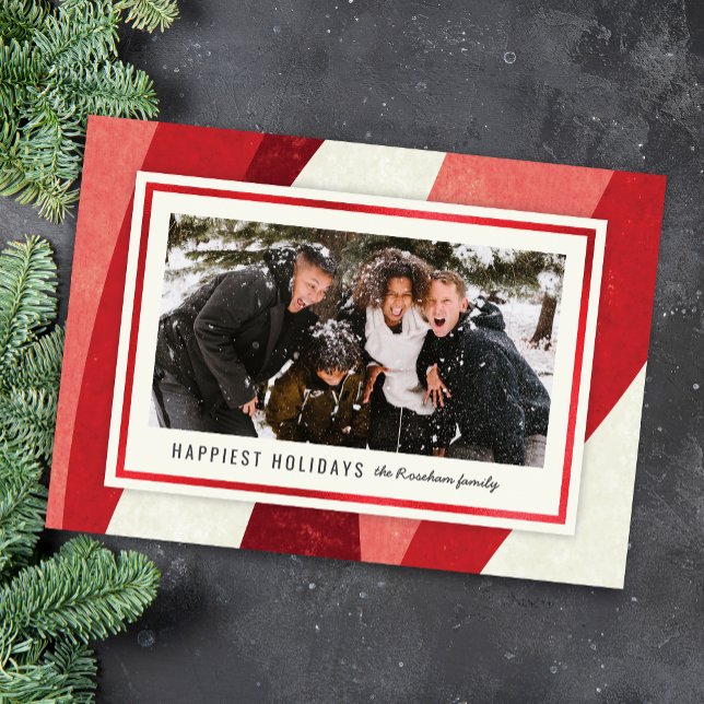 Modern Peppermint Abstract Red Photo Christmas Holiday Card (Creator Uploaded)