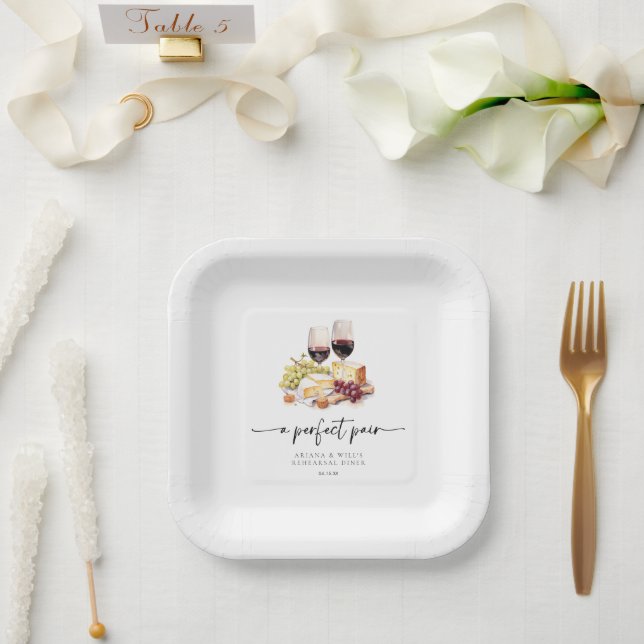 Modern Perfect Pair Watercolor Wine & Cheese  Paper Plate (Wedding)