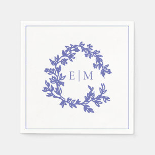 Modern Periwinkle Leafy Crest Monogram Wedding Napkin