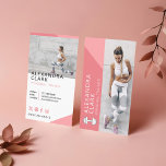 Modern Personal Trainer Fitness Photo Dumbbell Business Card<br><div class="desc">Perfect business card for personal trainers and fitness. Our design features a full photo along the side of the business card with the name and title displayed along the side of the photo. A dumbbell weight is added beside the name. Fun pink colour pallet adds a girly look. (Note: background...</div>