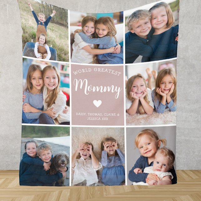 Modern Personalised 8 Photo Collage for Mommy Fleece Blanket (Creator Uploaded)