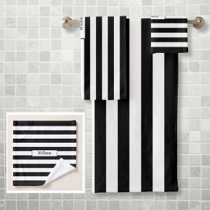 Modern Personalised Black and White Striped Bath Towel Set