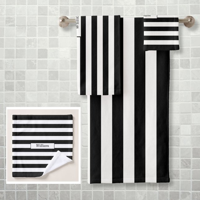 Modern Personalised Black and White Striped Bath Towel Set (Modern Personalized Black and White Striped Bath Towel Set)