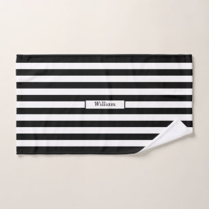 Modern Personalised Black and White Striped Bath Towel Set