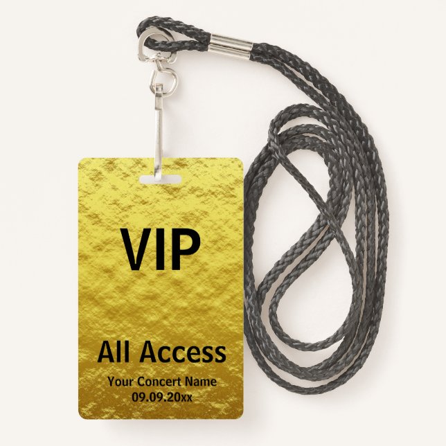 Modern Personalised Gold Black VIP All Access Badge (Front with Lanyard)