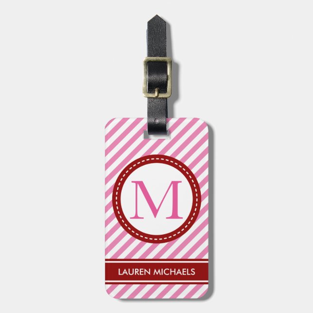 modern personalised name monogram striped blue luggage tag (Front Vertical)