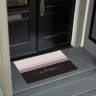 Modern Personalize Black Stripe Colour Block Doormat