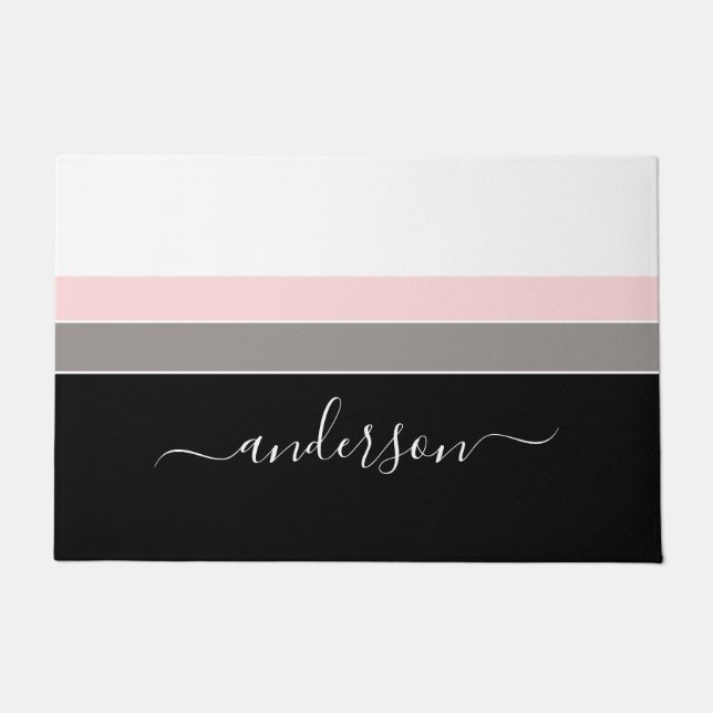 Modern Personalize Black Stripe Colour Block Doormat (Front)