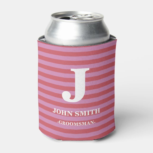Modern Personalize Monogram White Stripes Pattern Can Cooler (Can Front)