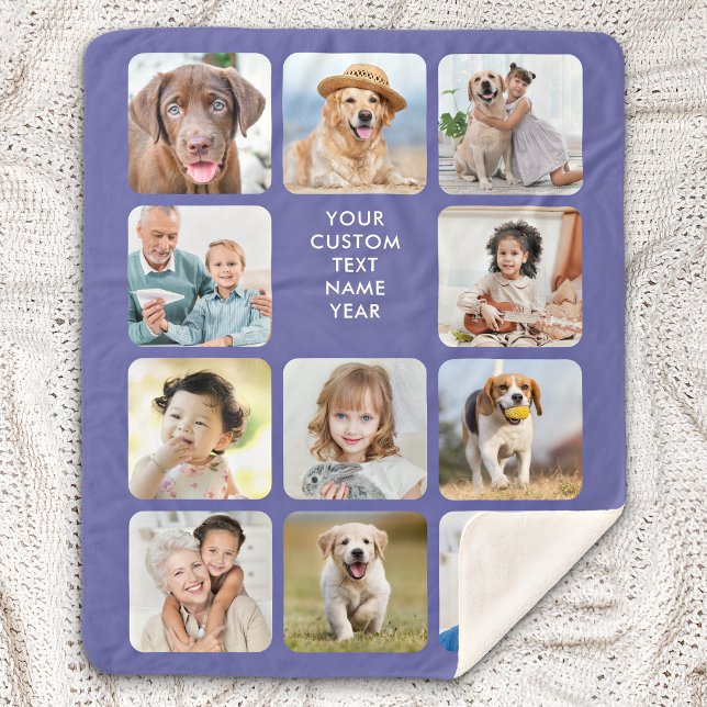Modern Personalized 11 Photo Collage Periwinkle Sherpa Blanket (Creator Uploaded)