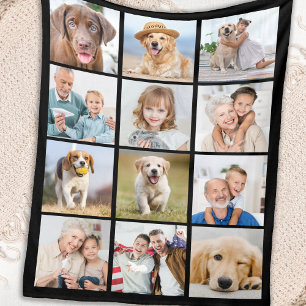 Modern Personalized 12 Photo Collage Black  Fleece Blanket