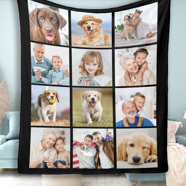 Modern Personalized 12 Photo Collage Black Medium Fleece Blanket (Creator Uploaded)