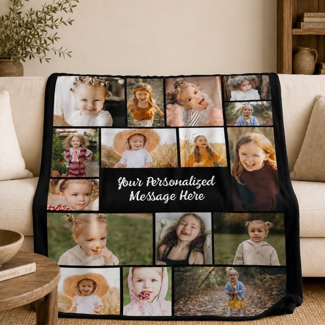 Modern Personalized 16 Photo Collage Custom Colour Fleece Blanket (Creator Uploaded)