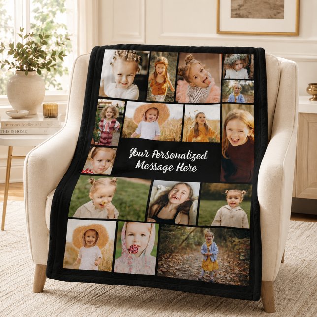 Modern Personalized 16 Photo Collage Custom Colour Fleece Blanket (Creator Uploaded)