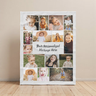 Modern Personalized 16 Photo Collage Grey Fleece Blanket