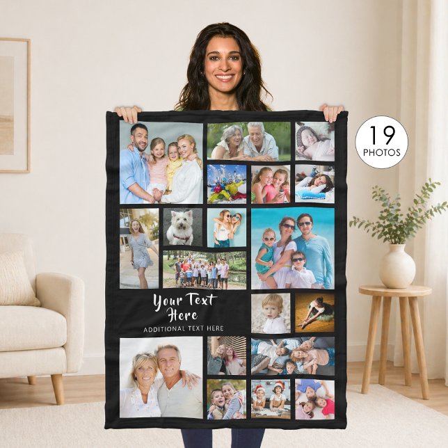 Modern Personalized 19 Photo Collage Black Fleece Blanket (Creator Uploaded)