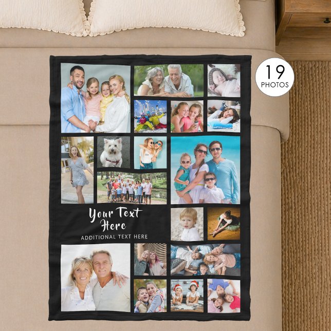 Modern Personalized 19 Photo Collage Black Fleece Blanket (Creator Uploaded)