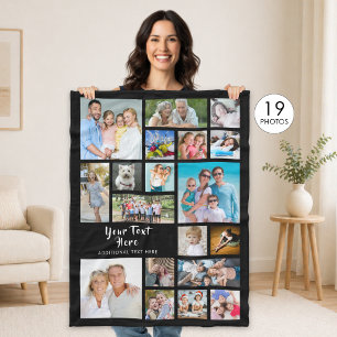 Modern Personalized 19 Photo Collage Black Fleece Blanket