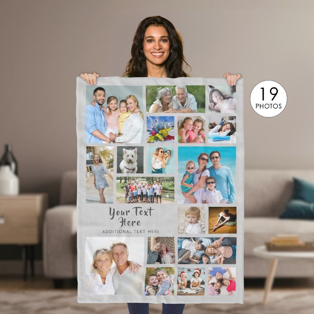 Modern Personalized 19 Photo Collage Grey Fleece Blanket (Creator Uploaded)