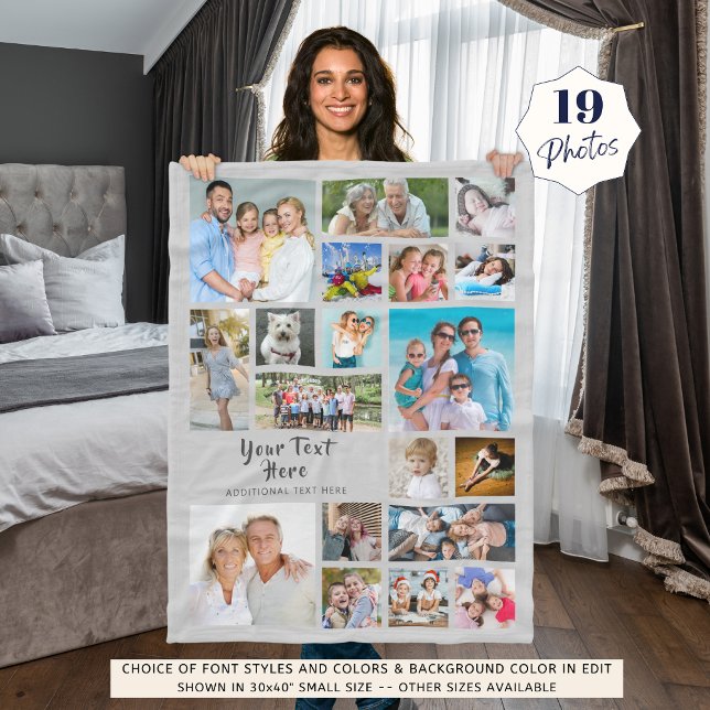 Modern Personalized 19 Photo Collage Grey Fleece Blanket (Creator Uploaded)