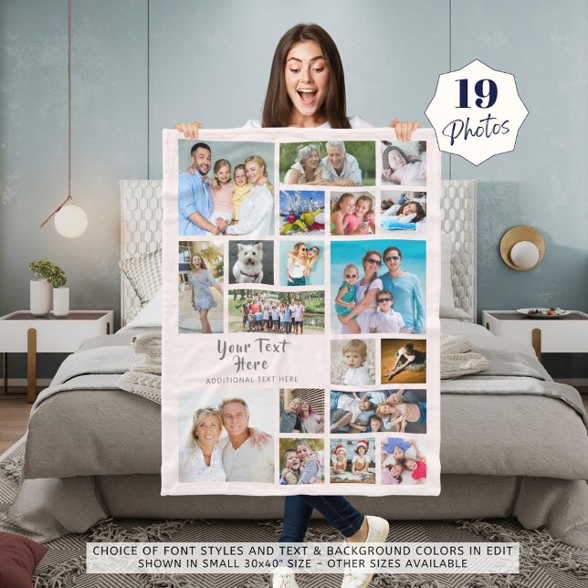 Modern Personalized 19 Photo Collage Pink Grey Fleece Blanket (Creator Uploaded)