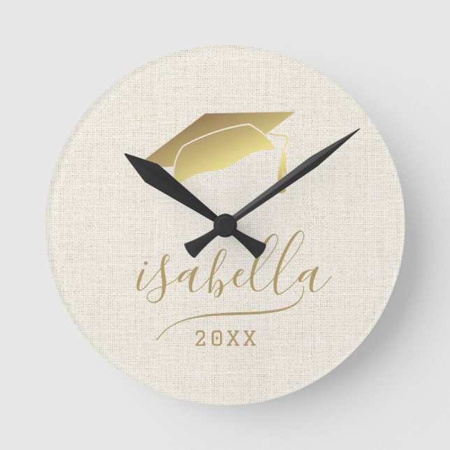 Modern Personalized 2024 Gold Grad Cap Keepsake Round Clock (Front)