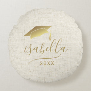 Modern Personalized 2024 Gold Grad Cap Keepsake Round Pillow