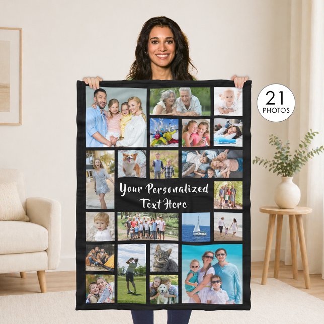 Modern Personalized 21 Photo Collage Custom Colour Fleece Blanket (Creator Uploaded)