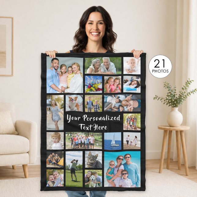 Modern Personalized 21 Photo Collage Custom Colour Fleece Blanket (Creator Uploaded)