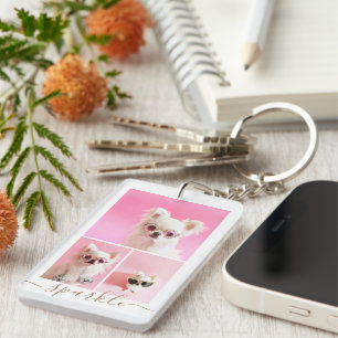 Modern Personalized 4 Photo Collage QR Code Keychain