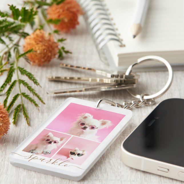 Modern Personalized 4 Photo Collage QR Code Keychain (Front Right)
